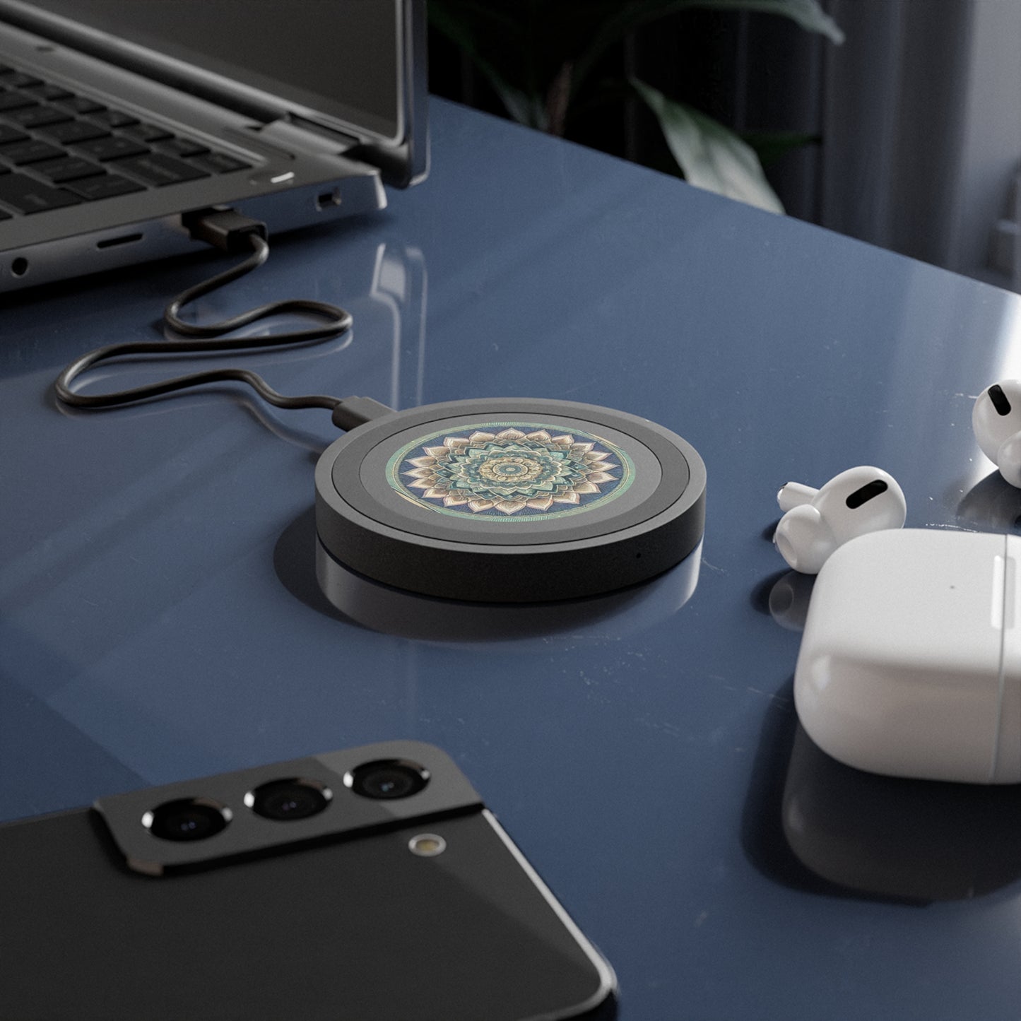 Bohemian Wireless Charging Pad with Lotus Design, Cute Desk Accessory, Home Office Organizer, Gift for Tech Lovers, Eco-Friendly Charger
