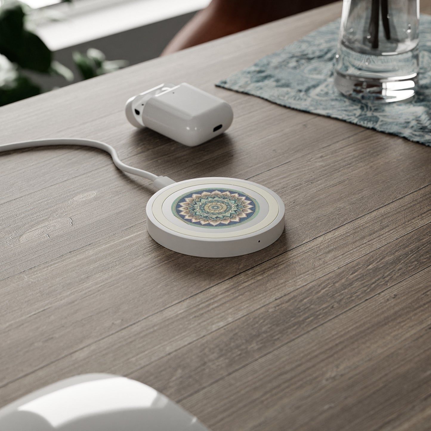 Bohemian Wireless Charging Pad with Lotus Design, Cute Desk Accessory, Home Office Organizer, Gift for Tech Lovers, Eco-Friendly Charger