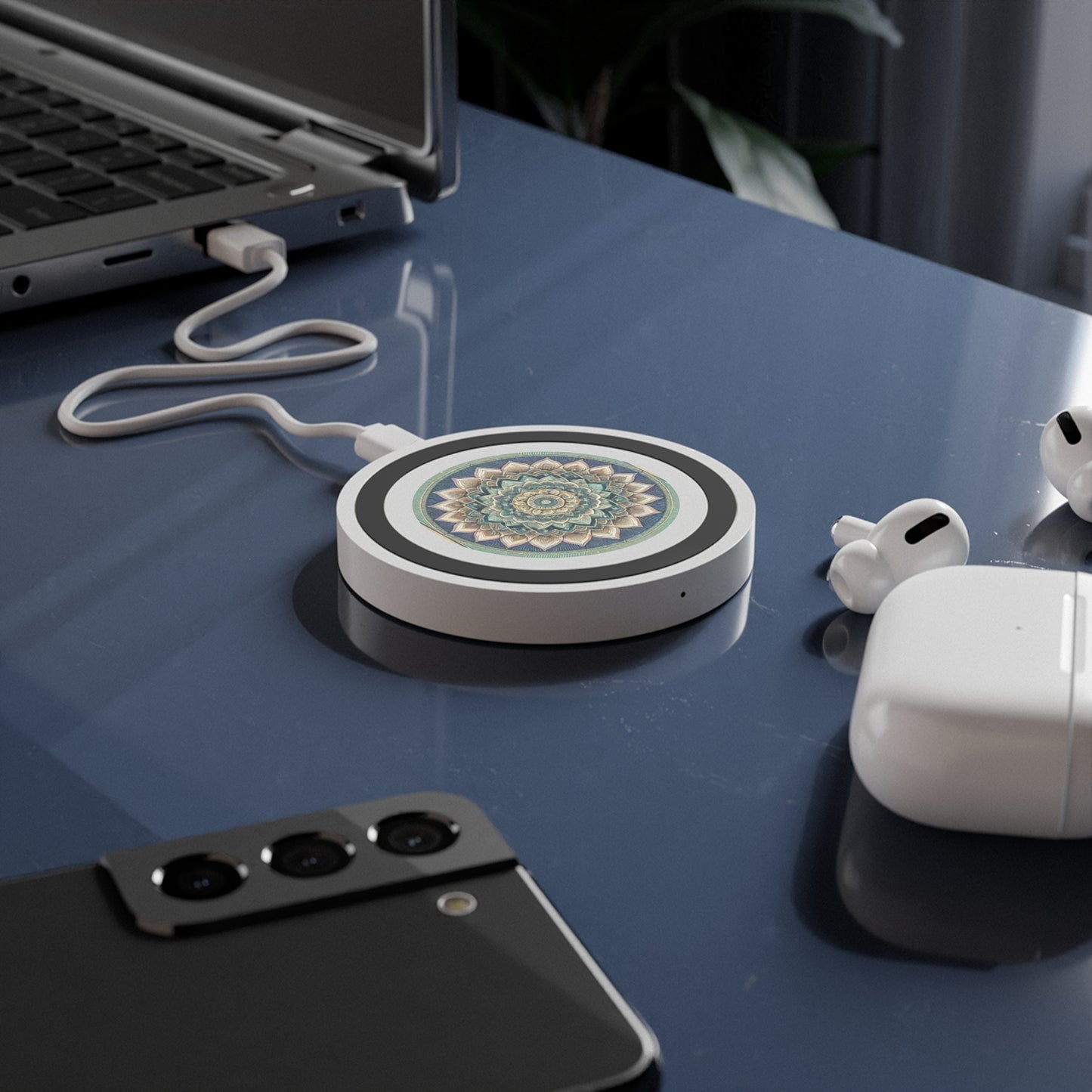 Bohemian Wireless Charging Pad with Lotus Design, Cute Desk Accessory, Home Office Organizer, Gift for Tech Lovers, Eco-Friendly Charger