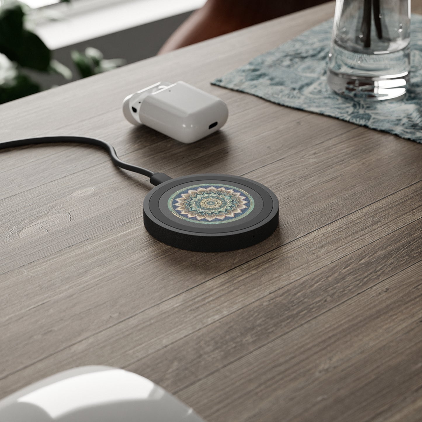Bohemian Wireless Charging Pad with Lotus Design, Cute Desk Accessory, Home Office Organizer, Gift for Tech Lovers, Eco-Friendly Charger