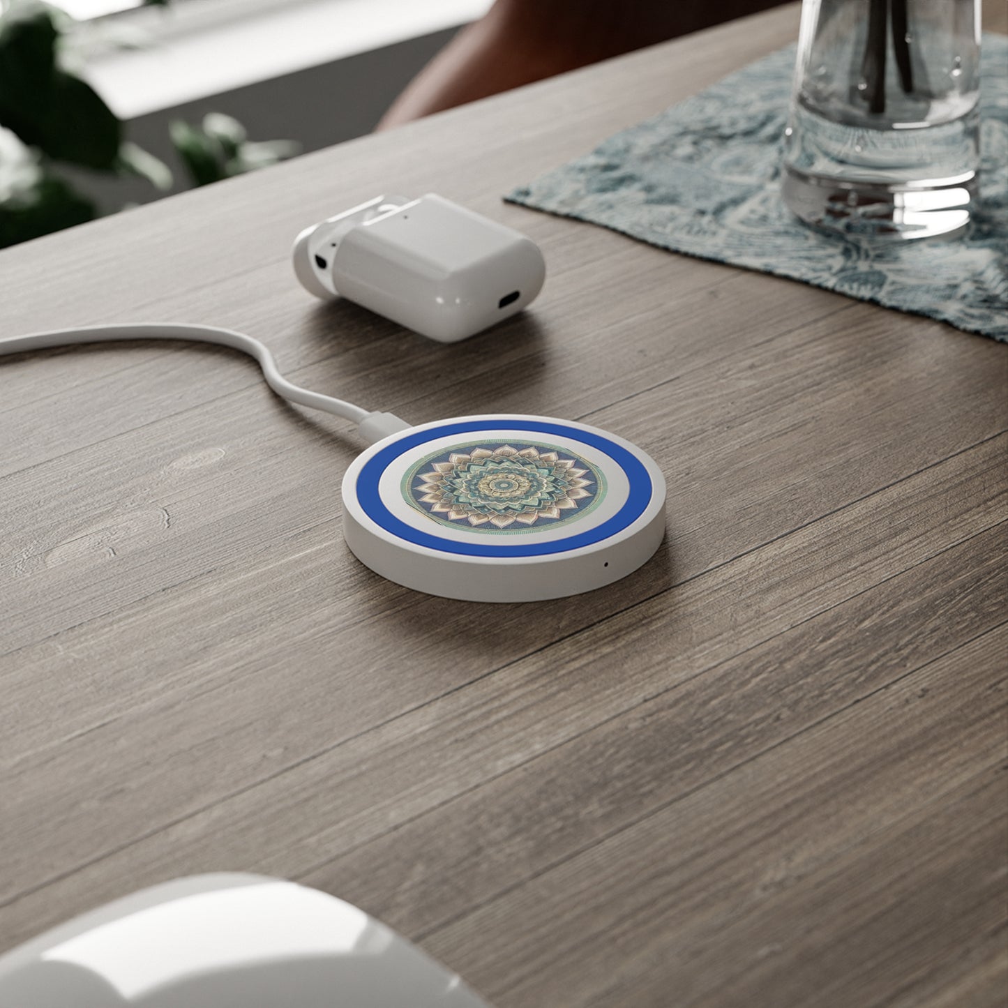 Bohemian Wireless Charging Pad with Lotus Design, Cute Desk Accessory, Home Office Organizer, Gift for Tech Lovers, Eco-Friendly Charger