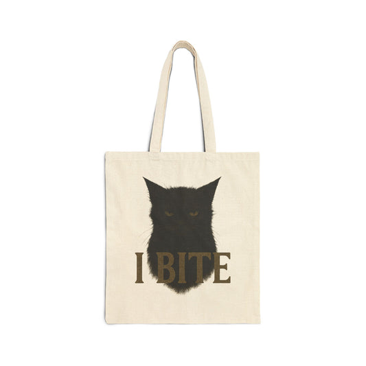 I Bite Black Cat Cotton Canvas Tote Bag | Funny Pet Lover Gift, Eco-Friendly Shopping Bag, Cat Mom Tote, Halloween Accessory