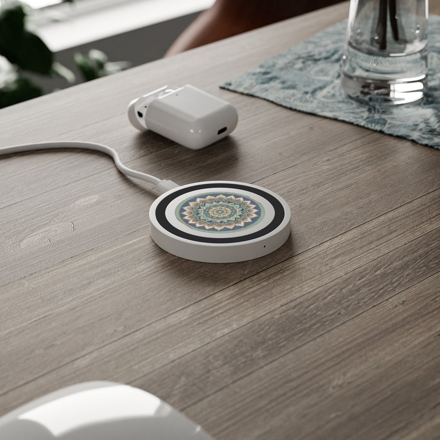 Bohemian Wireless Charging Pad with Lotus Design, Cute Desk Accessory, Home Office Organizer, Gift for Tech Lovers, Eco-Friendly Charger